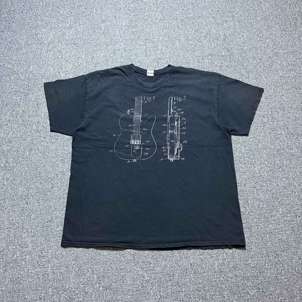 Electric Guitar Patent Blueprint Graphic T-Shirt XL Black Musician Tee